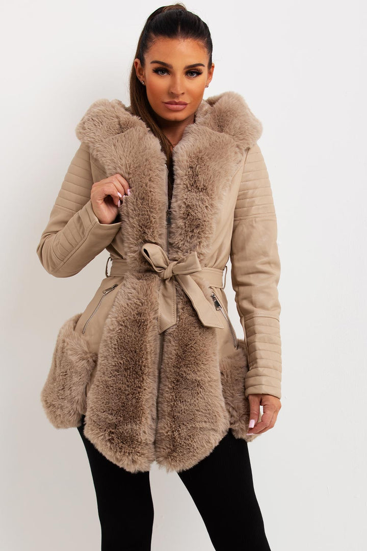 Salem | Women’s faux leather faux fur hooded jacket with wait belt