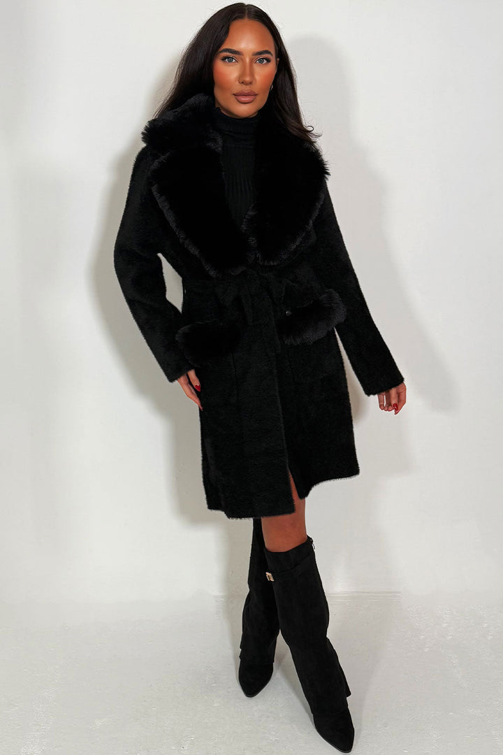 Harley | Women’s belted coat with faux fur collar