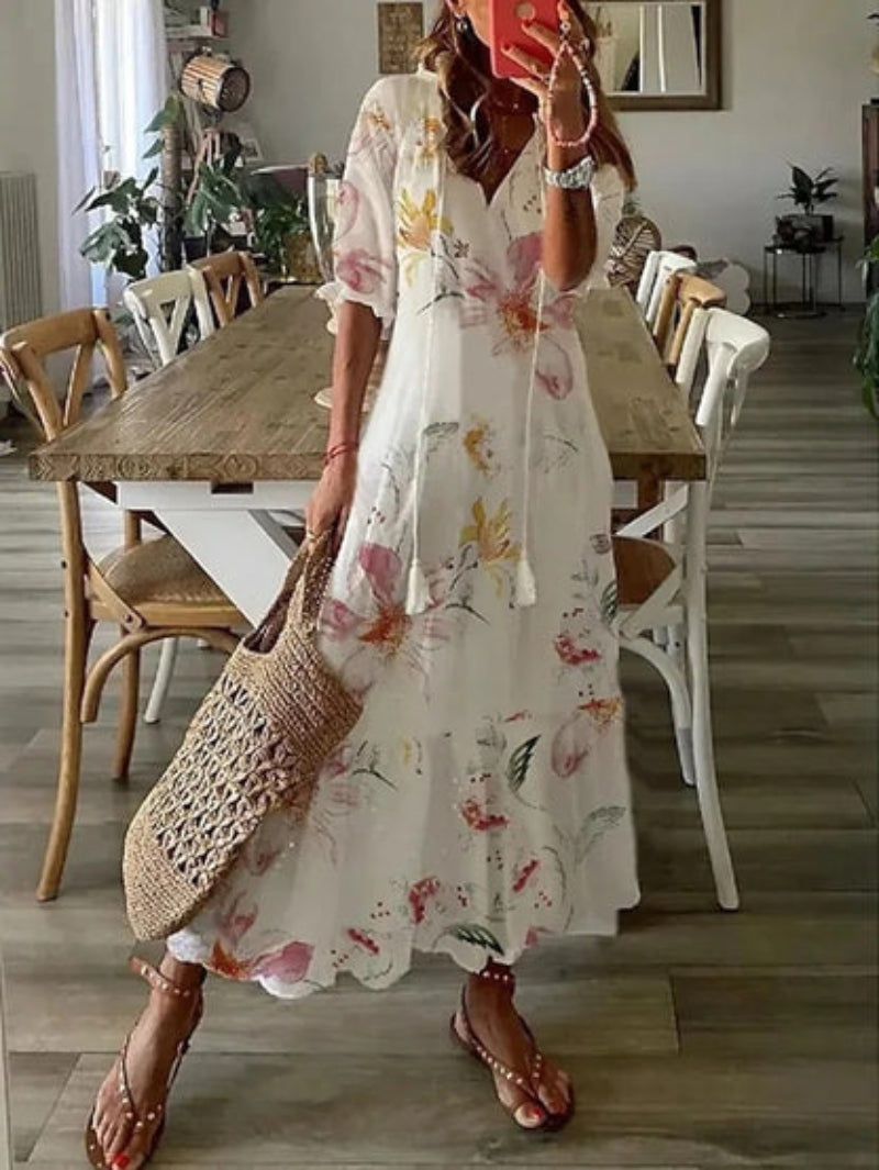 Bethany | Women’s boho v-neck printed midi dress
