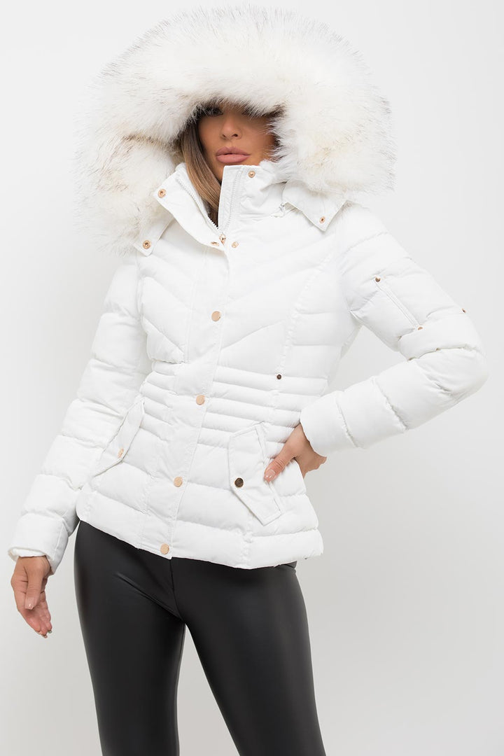 Avalette | Women’s white puffer coat with faux fur hood and padded quilted design