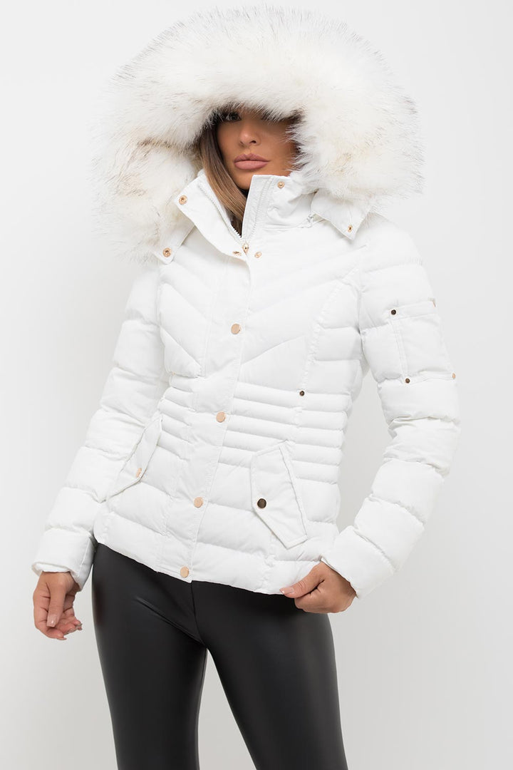 Avalette | Women’s white puffer coat with faux fur hood and padded quilted design