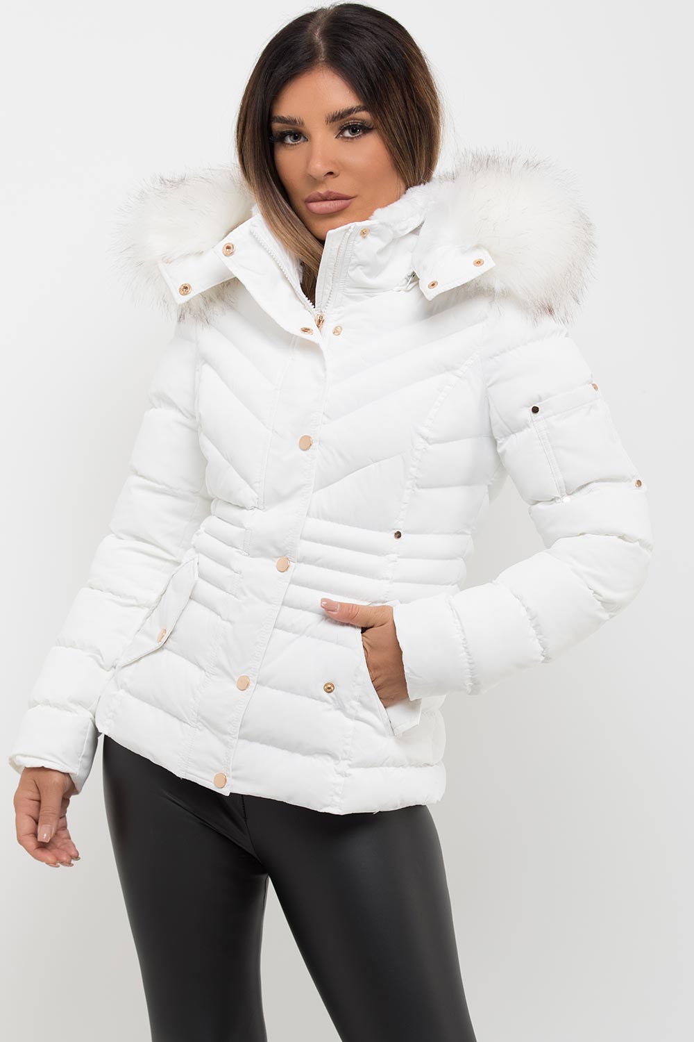 Avalette | Women’s white puffer coat with faux fur hood and padded quilted design
