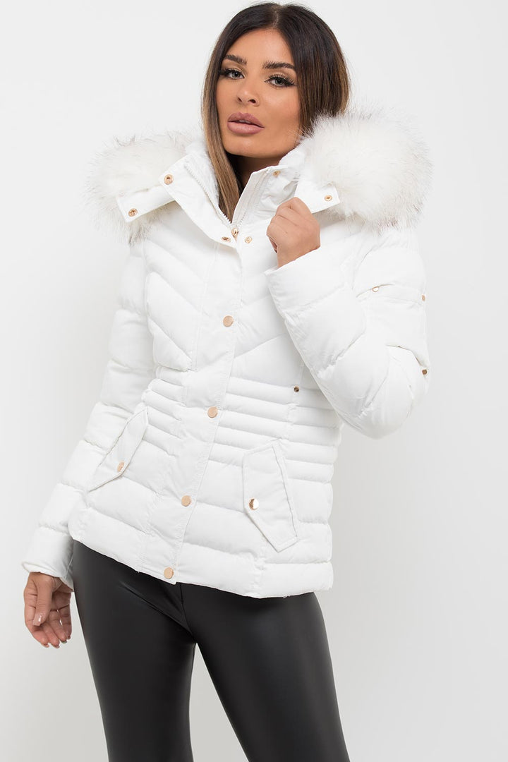 Avalette | Women’s white puffer coat with faux fur hood and padded quilted design