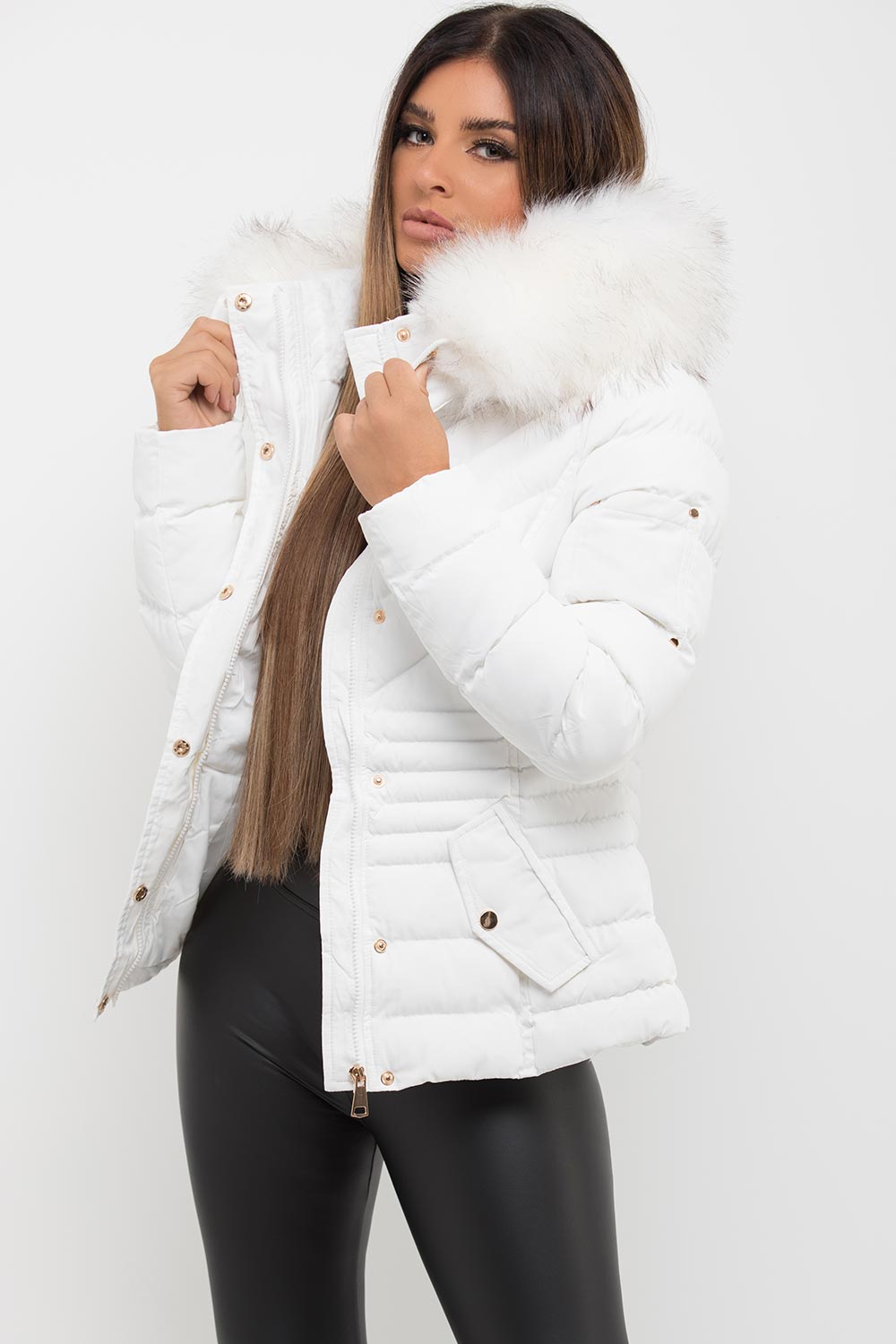 Avalette | Women’s white puffer coat with faux fur hood and padded quilted design
