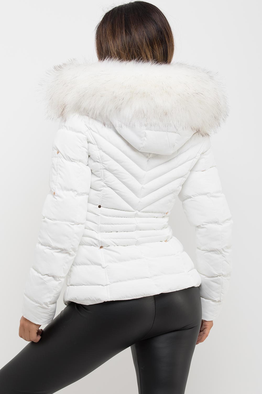 Avalette | Women’s white puffer coat with faux fur hood and padded quilted design