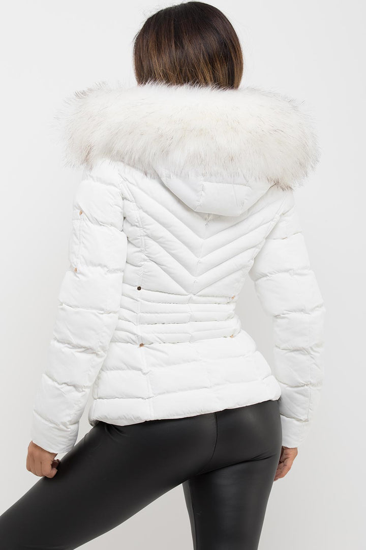 Avalette | Women’s white puffer coat with faux fur hood and padded quilted design