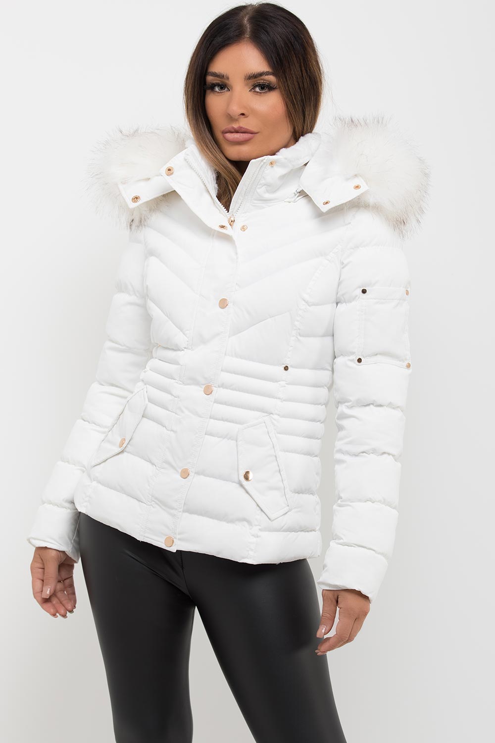 Avalette | Women’s white puffer coat with faux fur hood and padded quilted design