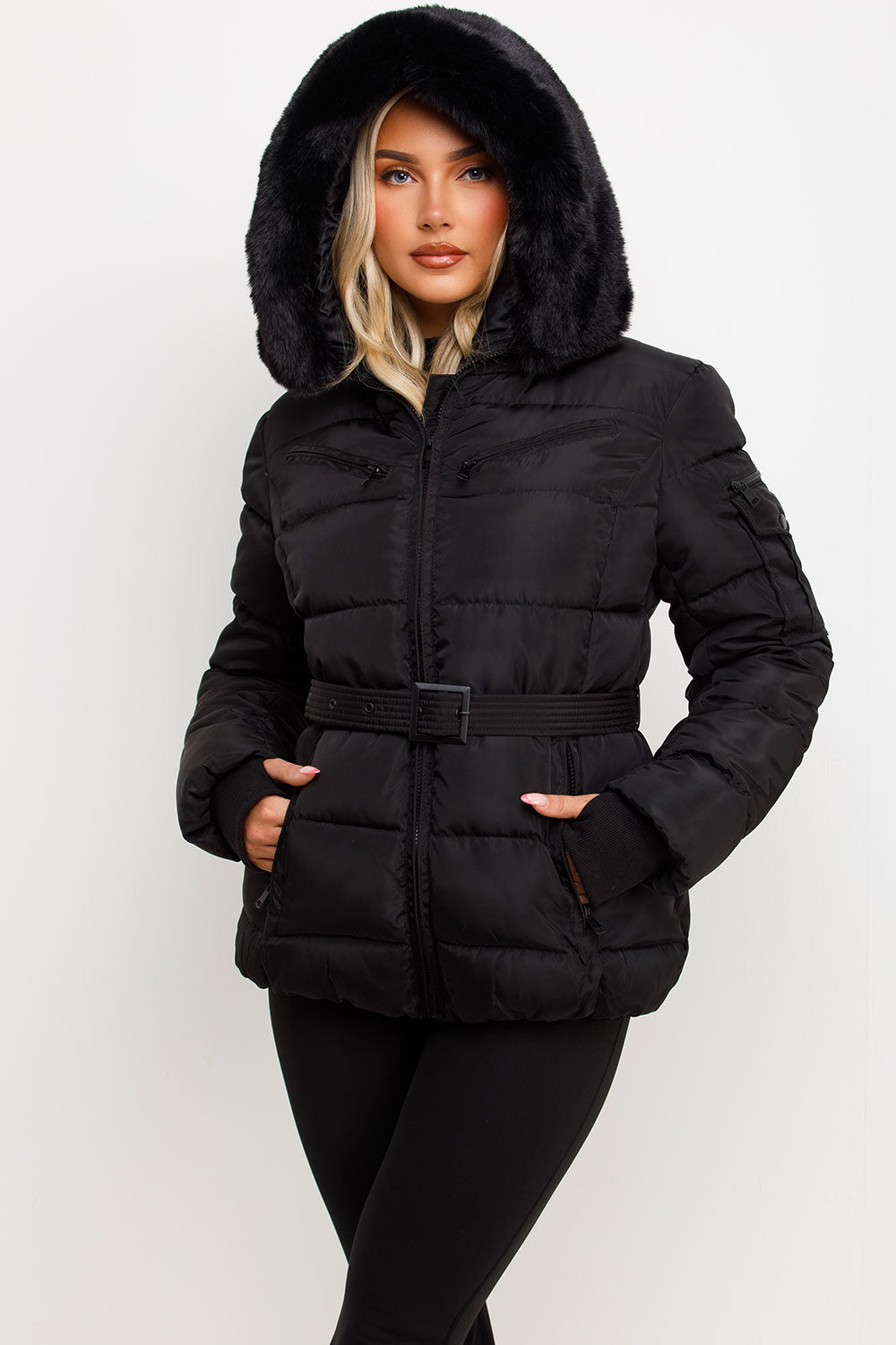 Jaylen | Women’s belted puffer jacket with faux fur hood
