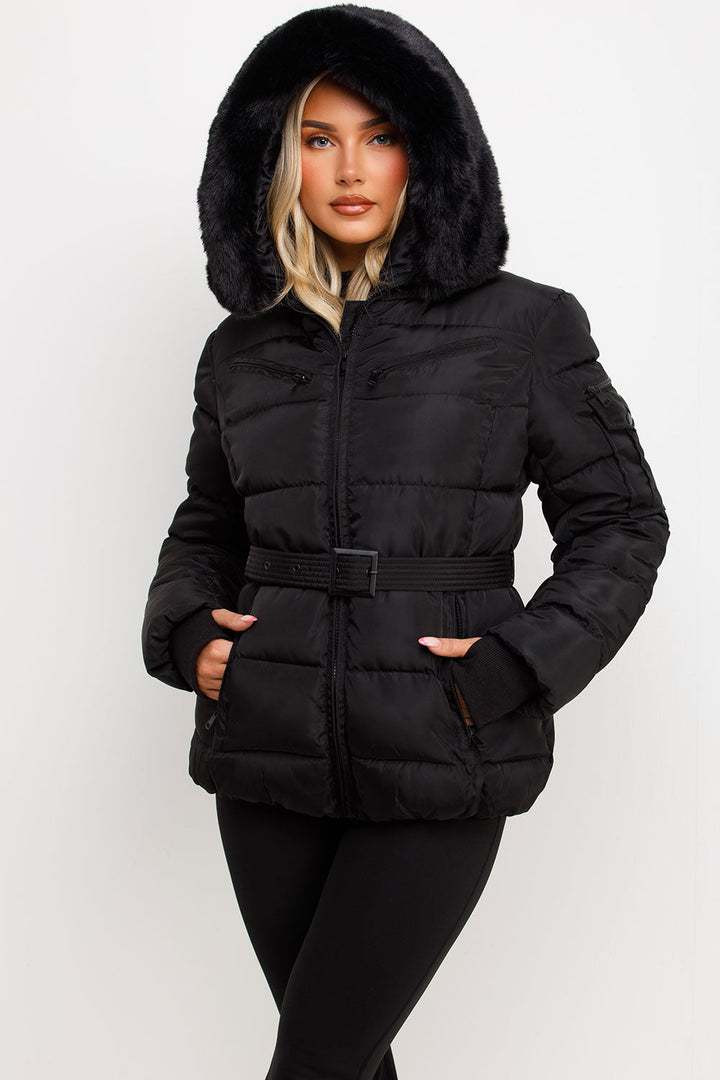 Jaylen | Women’s belted puffer jacket with faux fur hood