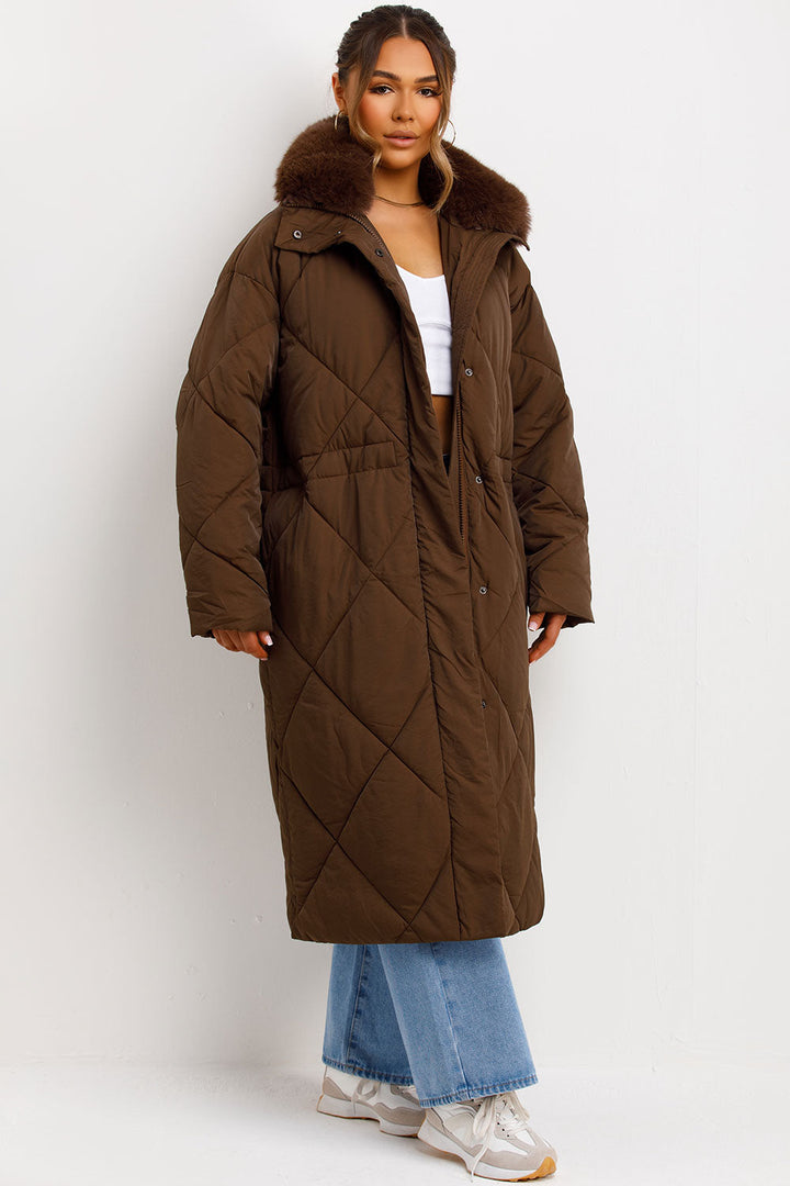 Avelina | Women’s long puffer quilted winter coat with faux fur collar
