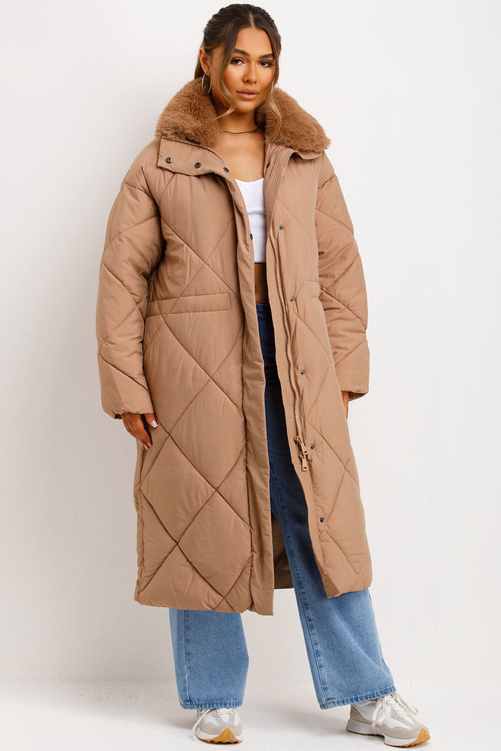 Violette | Women’s long quilted puffer coat with faux fur collar