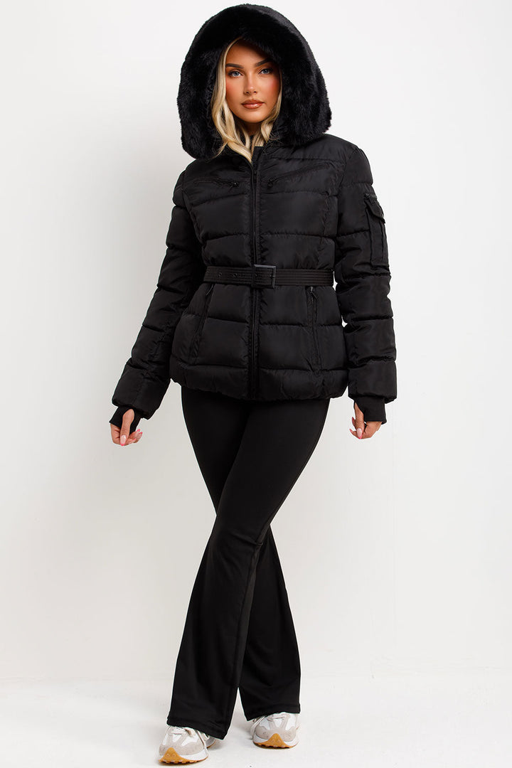 Jaylen | Women’s belted puffer jacket with faux fur hood