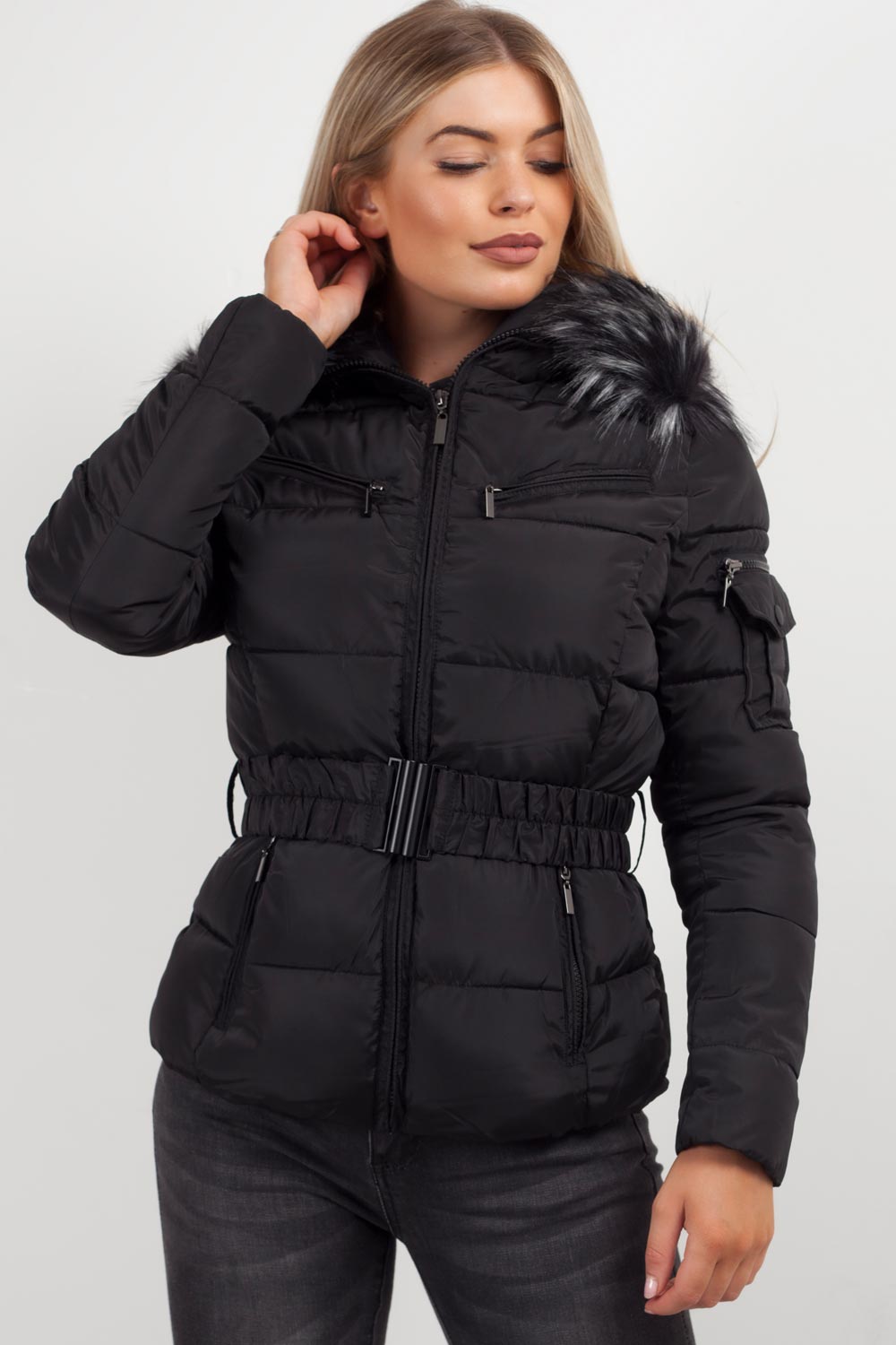 Reya | Women’s belted puffer jacket with faux-fur hood