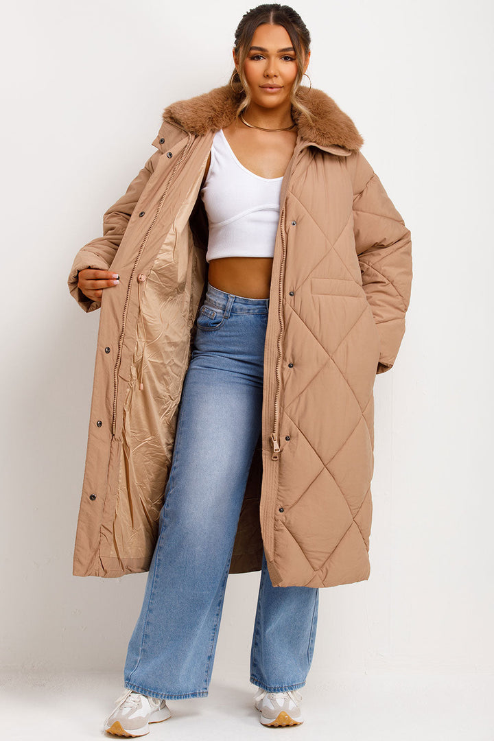 Violette | Women’s long quilted puffer coat with faux fur collar