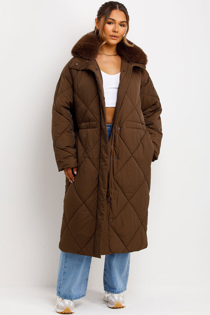 Avelina | Women’s long puffer quilted winter coat with faux fur collar