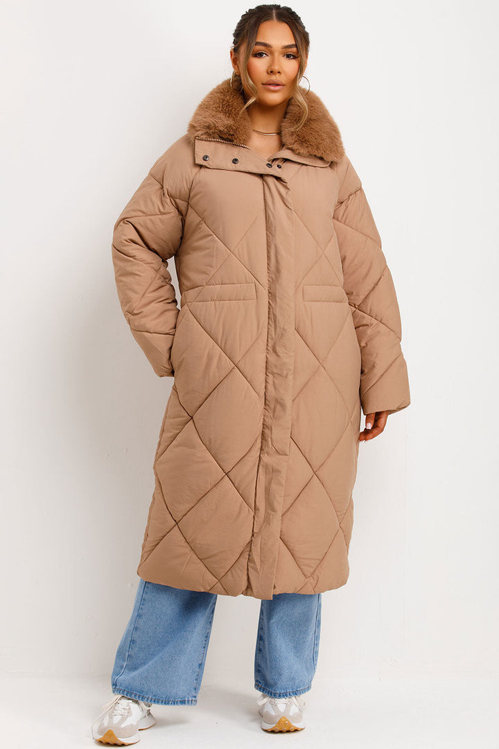Violette | Women’s long quilted puffer coat with faux fur collar