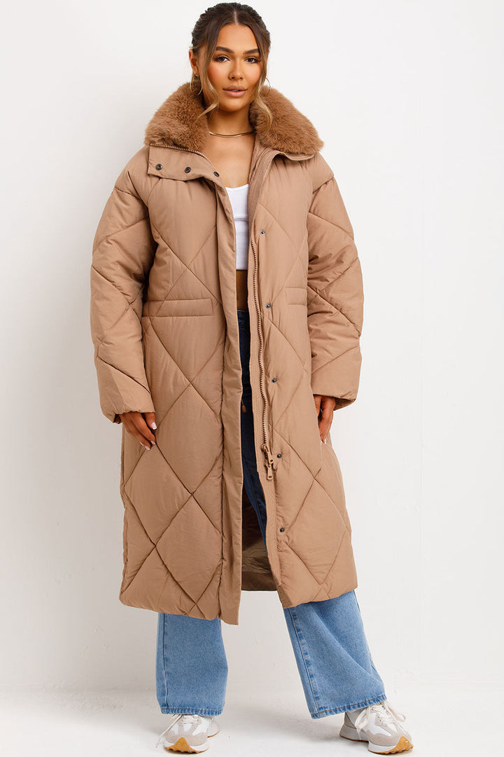 Violette | Women’s long quilted puffer coat with faux fur collar