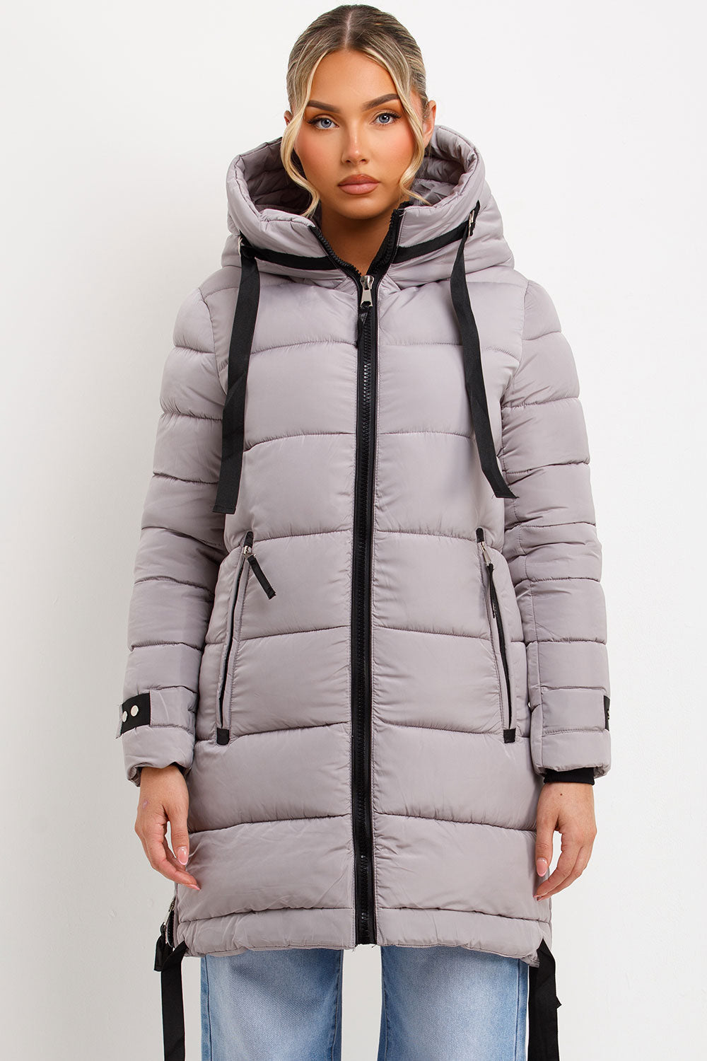 Bailee | Women’s long hooded puffer coat with side strap detail