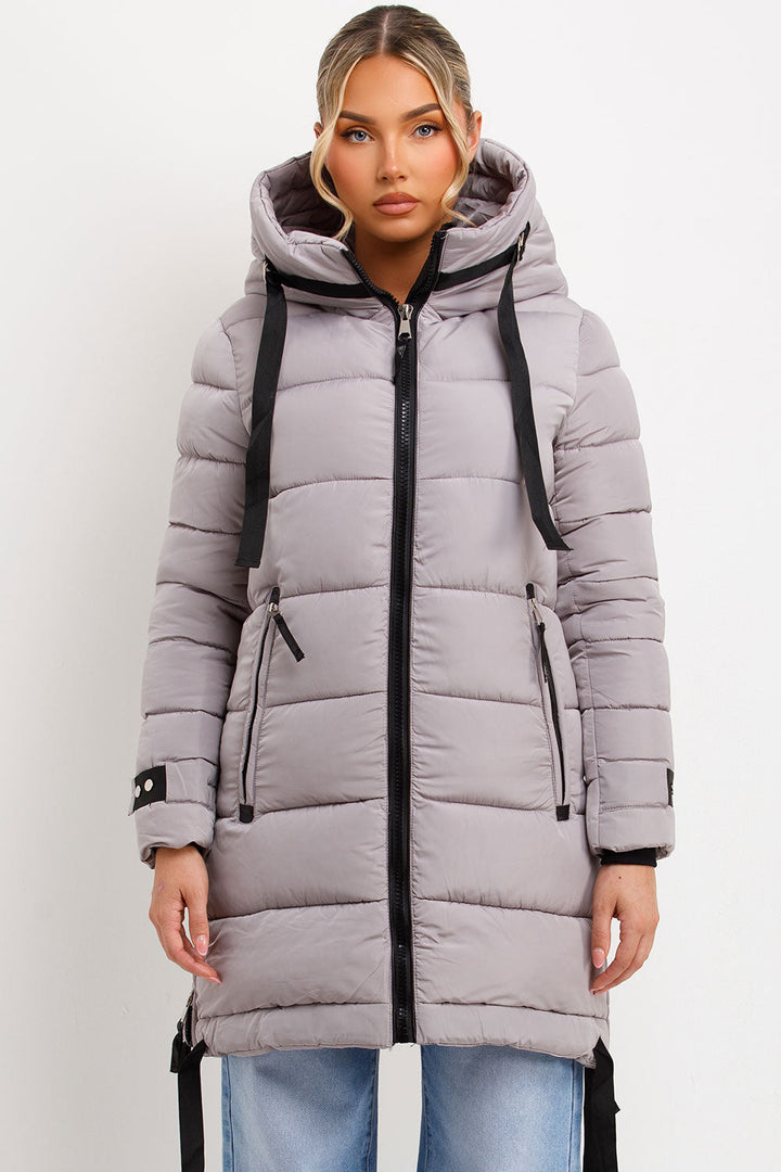 Bailee | Women’s long hooded puffer coat with side strap detail