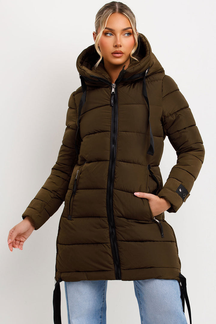 Solana | Women’s long hooded puffer coat with side strap detail