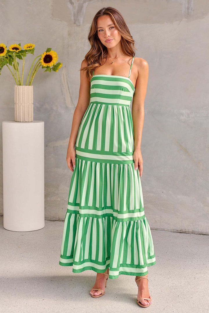 Marina | Striped maxi sundress with spaghetti straps and tiered skirt