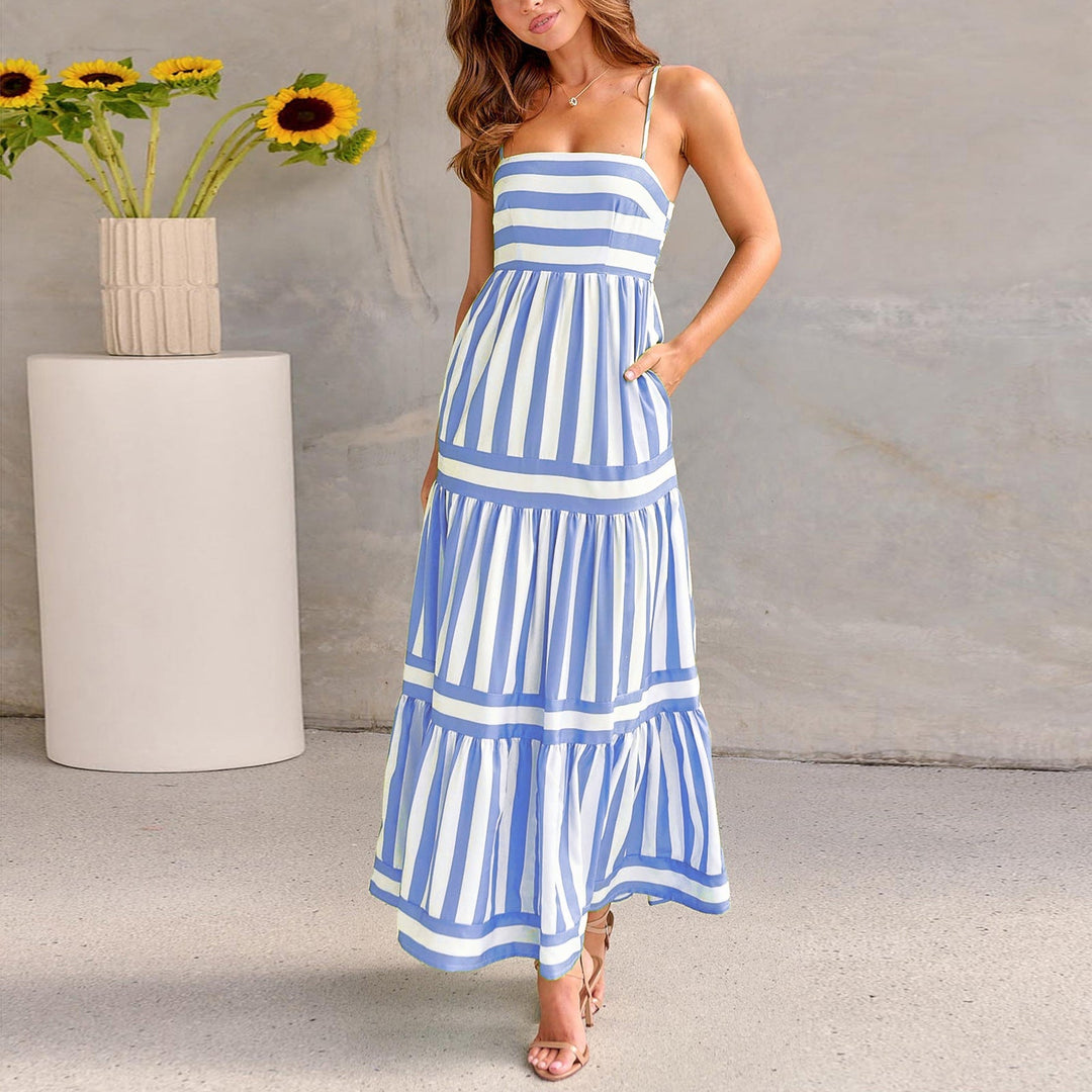 Marina | Striped maxi sundress with spaghetti straps and tiered skirt