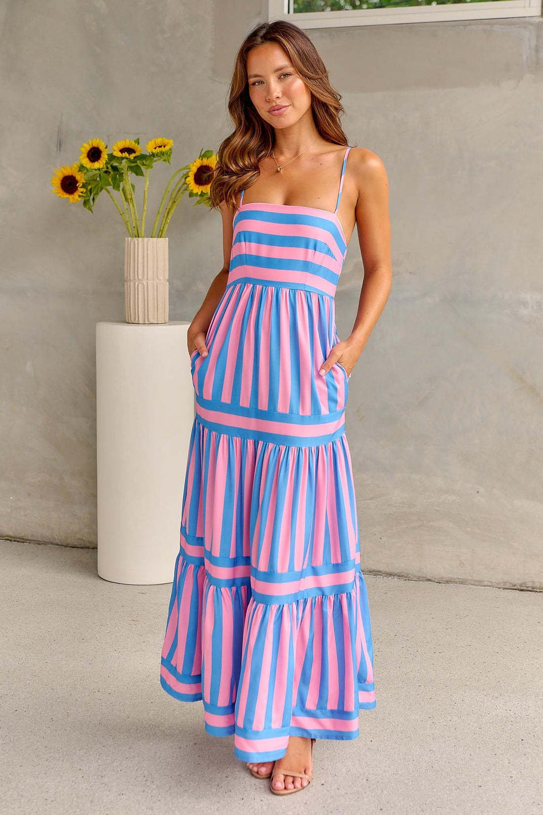 Marina | Striped maxi sundress with spaghetti straps and tiered skirt