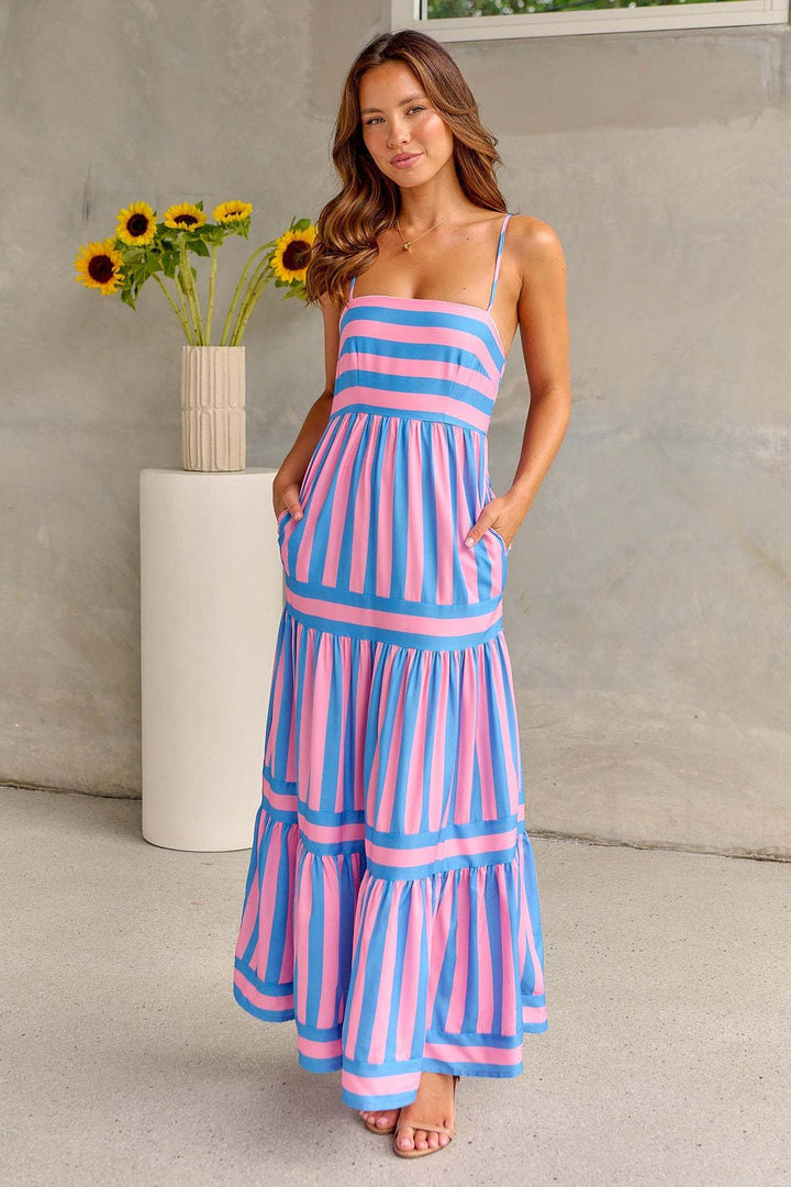 Marina | Striped maxi sundress with spaghetti straps and tiered skirt